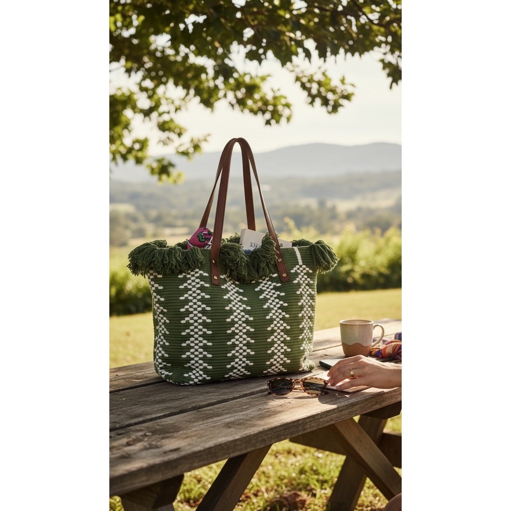 Green White Woven Fringe Tote Bag Boho Knit Shoulder Bag with Leather Straps